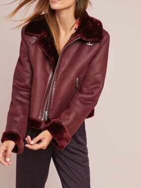 ETT:TWA by Anthropologie faux leather motorcycle jacket wine women's size M